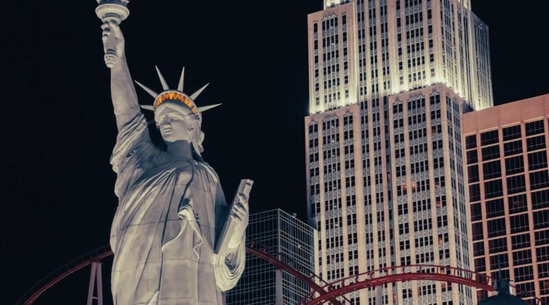 Illuminated replica of Statue of Liberty at New York-New York Hotel and Casino, Las Vegas.