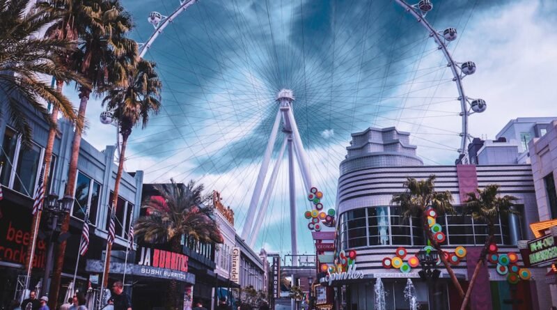 Vibrant urban scene with High Roller Ferris Wheel in Las Vegas, Nevada.